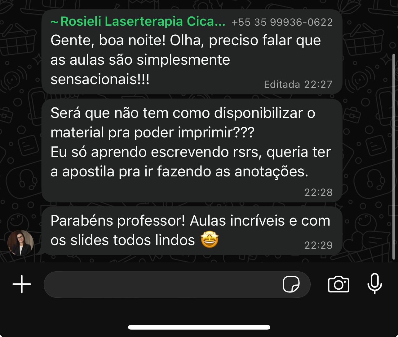 Depoimentos no grupo WhatsApp — aulas sensacionais